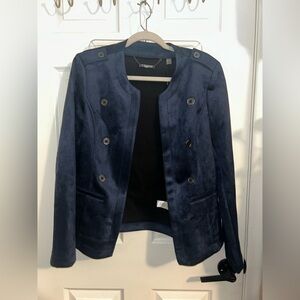 NWT T Tahari Faux Leather Navy Blue Buttoned Military Jacket